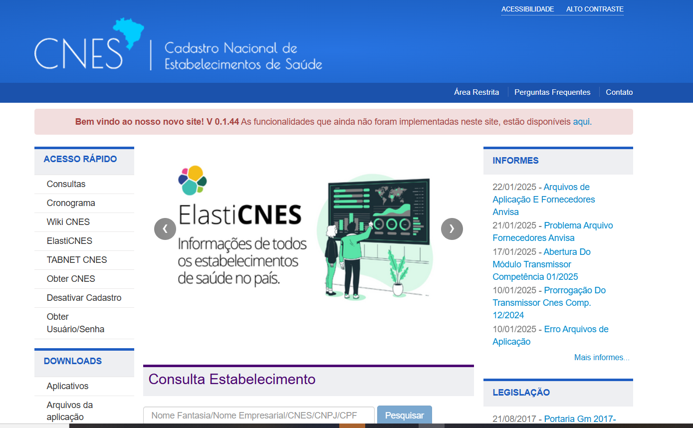 Página inicial do CNES. Elaboração própria.